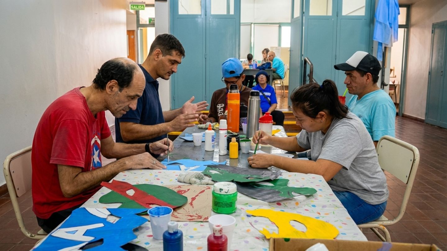 Taller de artes plásticas: alumnos y docentes pintan y recortan figuras de cartón sobre una mesa larga con témperas y pinceles.