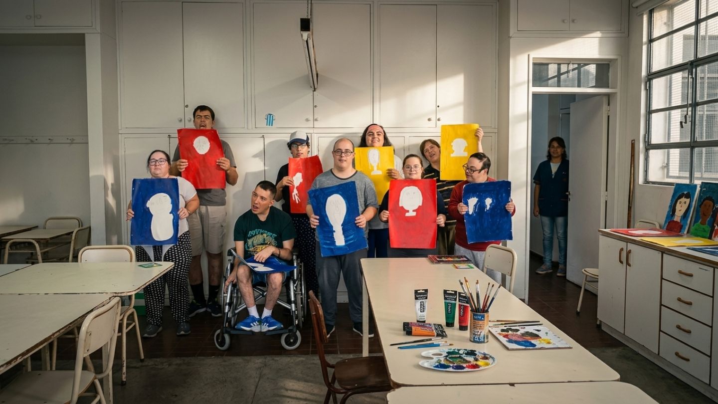 Alumnos en el taller de pintura sosteniendo retratos de siluetas en rojo, amarillo y azul realizados por ellos mismos.